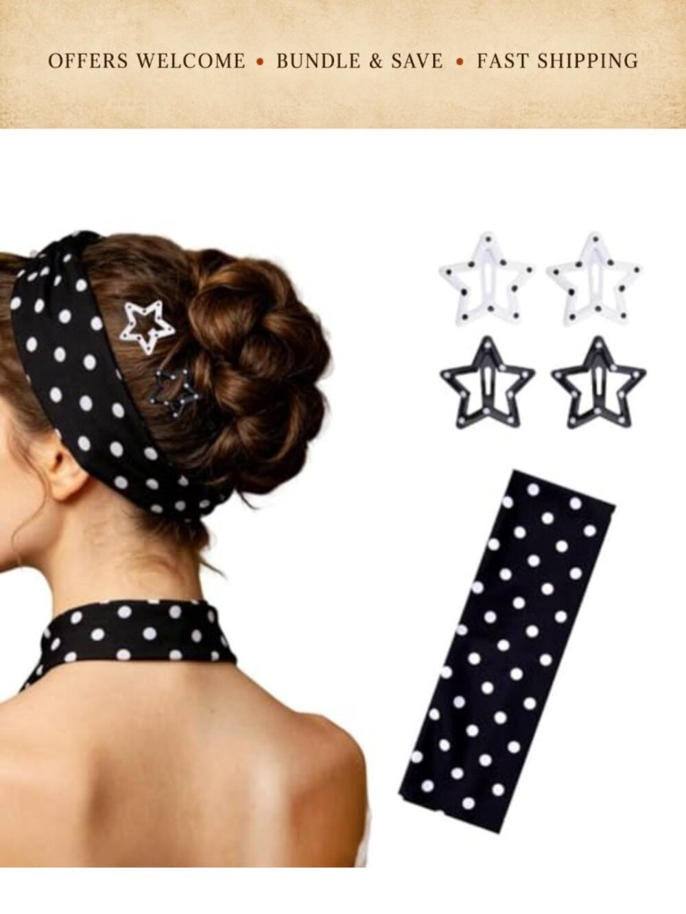 Polka Dot Headband and Star Hair Clip Set Stretch Headband Barrettes